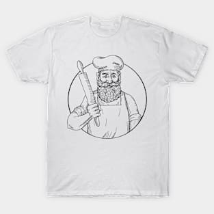 Hipster Baker with Full Beard Holding a Rolling Pin Front View Drawing Black and White T-Shirt